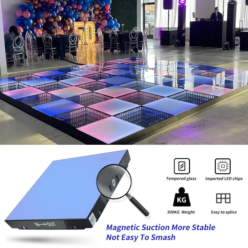 Programmable Wireless DMX Magnetic Mirror and Matte Colored LED Dance Floor to Dance