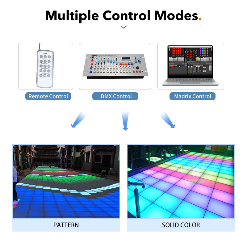 Programmable Wireless DMX Magnetic Mirror and Matte Colored LED Dance Floor to Dance