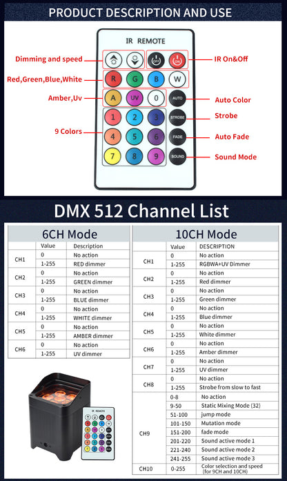 6x18W RGBWAUV 6in1 Wireless Control LED Battery Uplight